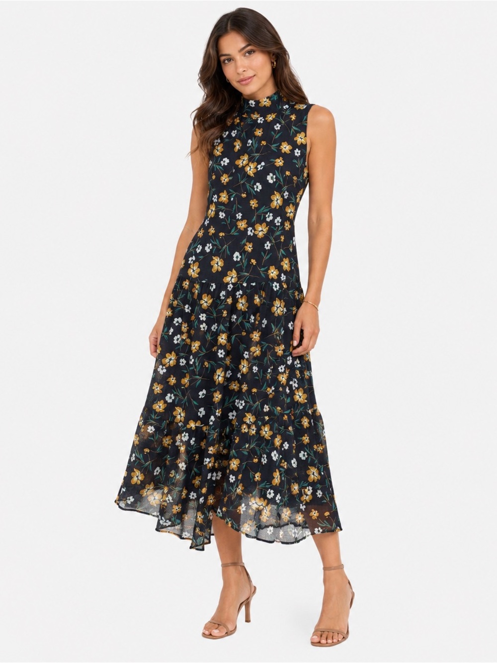 Who What Wear Retro Floral Print Dress Sz Small High Neck Tiered Botanical